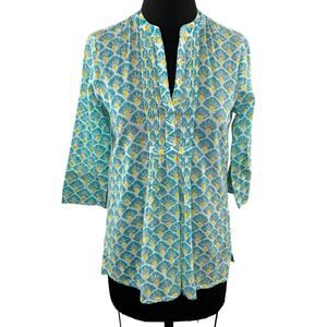 Roberta Roller Rabbit Green White Yellow Print Pintuck Cotton Tunic Top Size XS